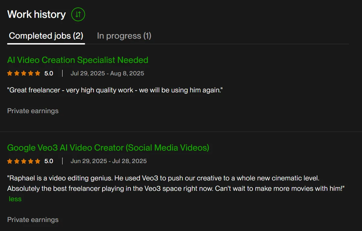 Upwork reviews and client proof from AI Smart Studios international creative projects